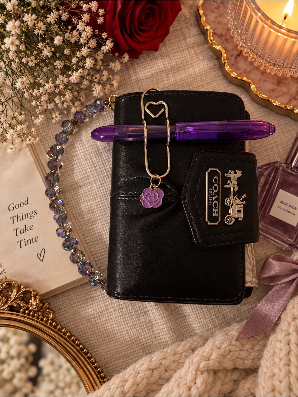 Coach Black Leather Card Holder with Purple Rose Charm